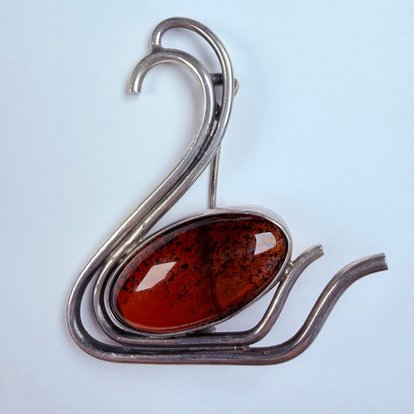 BIG 9 CT Baltic Cognac Amber Swan Art Deco Sterling Silver VTG 2.2